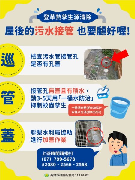 高雄市政府衛生局建議民眾　可利用「一桶水防治」抑制水溝蚊蟲孳生