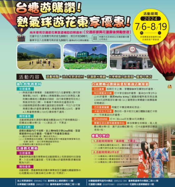 享受熱氣球嘉年華   台糖推出限時優惠最低750元暢遊東臺灣