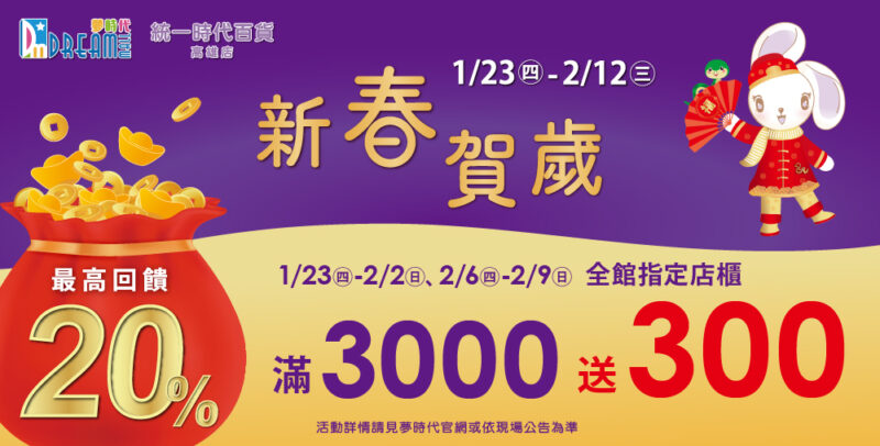 ▲夢時代「新春賀歲」指定日期滿額消費回饋超越20%。（圖/夢時代提供）