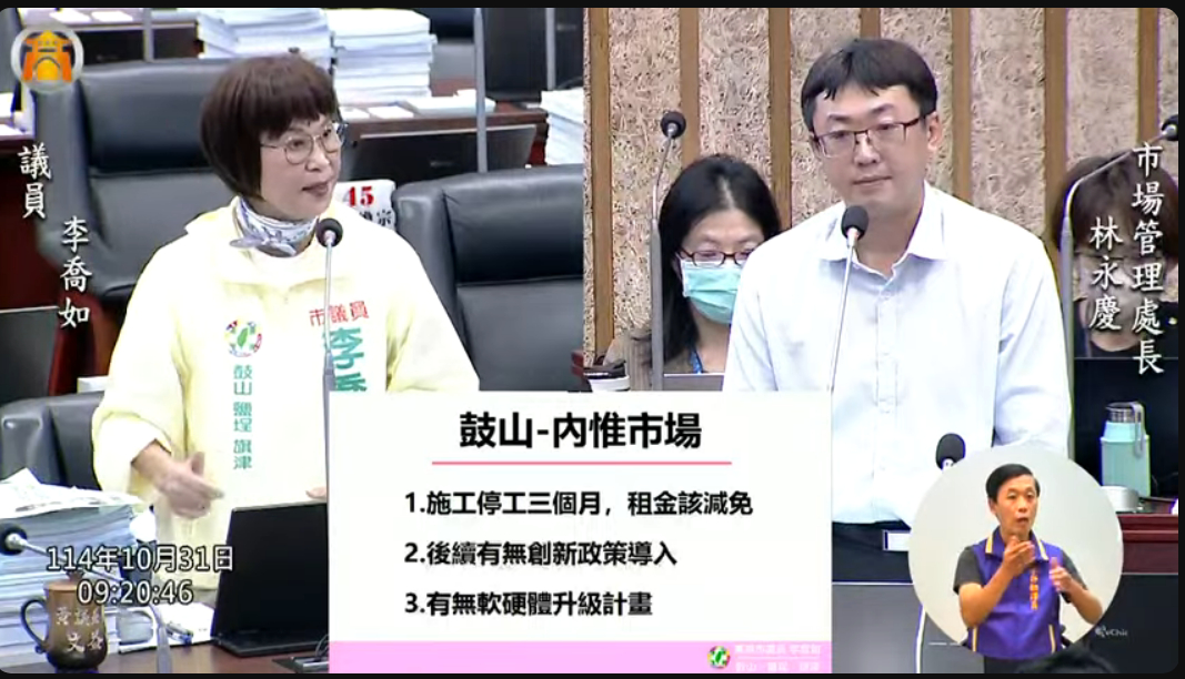 李喬如:內惟市場施工衝擊攤商生計,租金就該減免,經發局長同意減免並允諾「一周內檢討」答覆