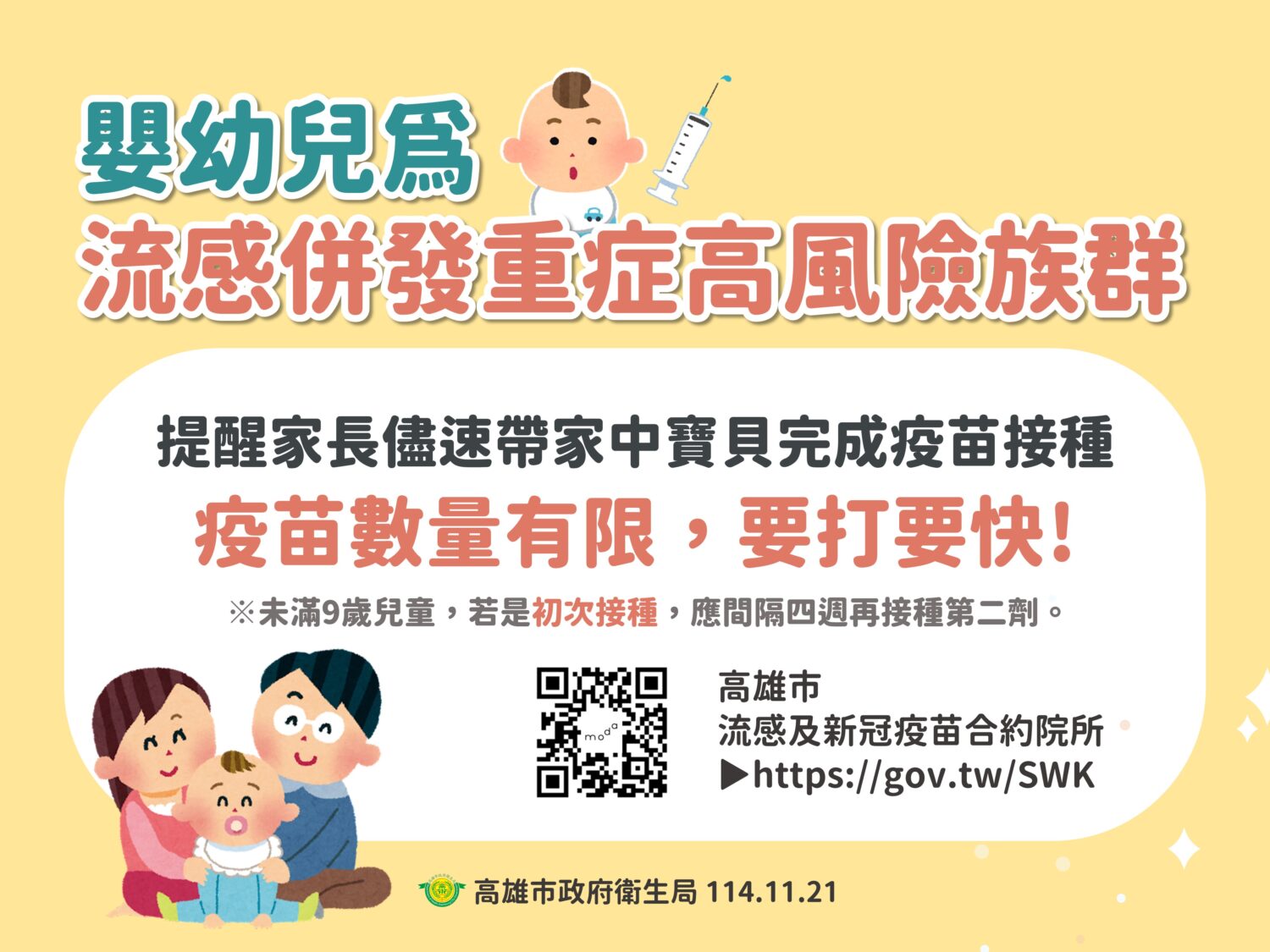 天氣變化大流感疫情好發　高市衛生局籲幼兒儘速接種流感疫苗防重症
