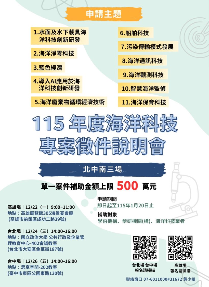 海委會啟動海洋科技專案補助 舉辦北中南3場徵件說明會　促進產學研交流