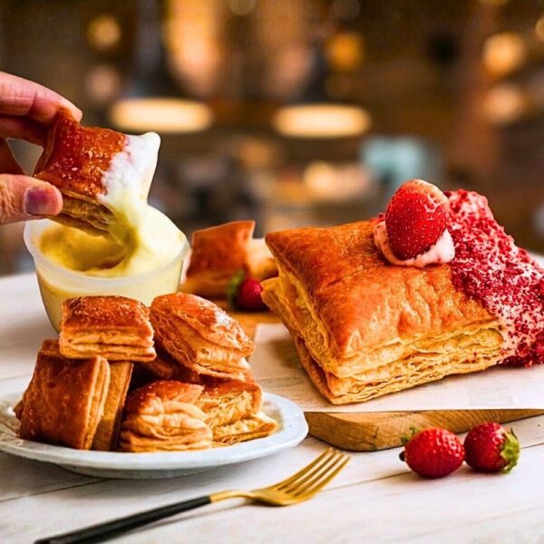 ▲日本九州爆紅的拿破崙泡芙專賣品牌「脆日_Crizzi」，以職人級拿破崙千層工法製作，搭配濃郁卡士達，一口就能品嘗到酥、濃、香的極致口感。（圖/高雄夢時代提供）