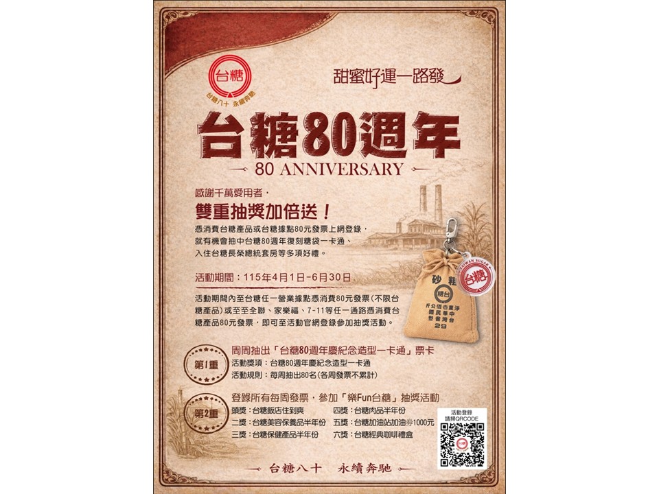 發票變幸運門票!「台糖慶八十」雙重抽獎送住宿券與限量一卡通 發票變幸運門票!「台糖慶八十」雙重抽獎送住宿券與限量一卡通
