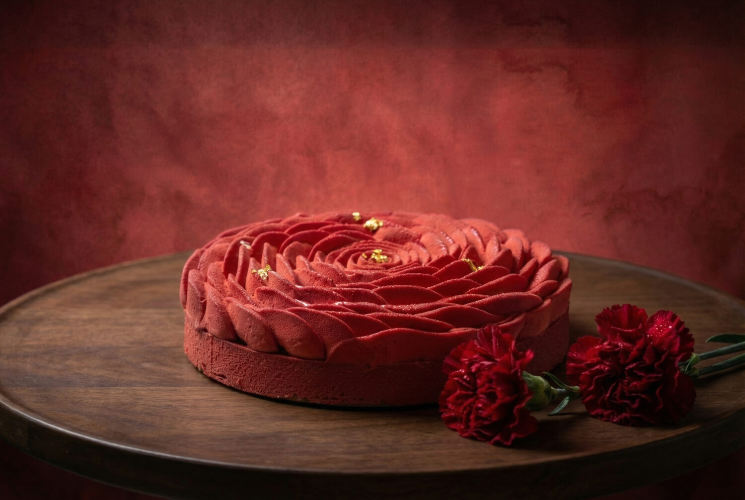 ▲「緋華 Red Elegance 7 吋」以盛開玫瑰為靈感，Ruby 紅寶石巧克力與覆盆子交織出純天然果香。（圖/高雄洲際酒店提供）