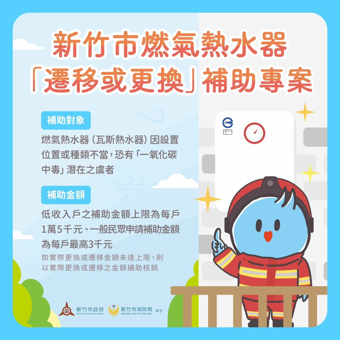 居家安全再升級！竹市府補助熱水器遷移更換 最高補助1萬5千元