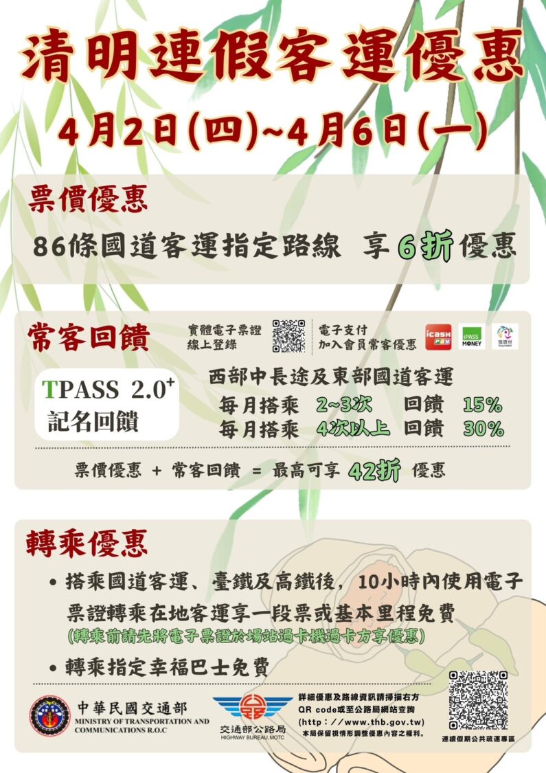 清明連假開跑! 國道客運6折、TPASS加碼最高42折優惠