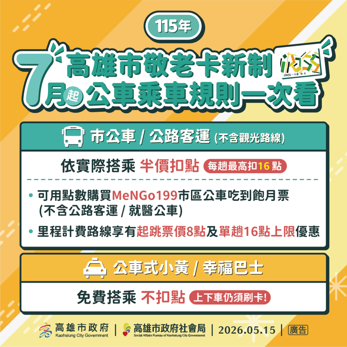 高雄市敬老卡7月起推出新制 公車搭配199票卡仍可吃到飽
