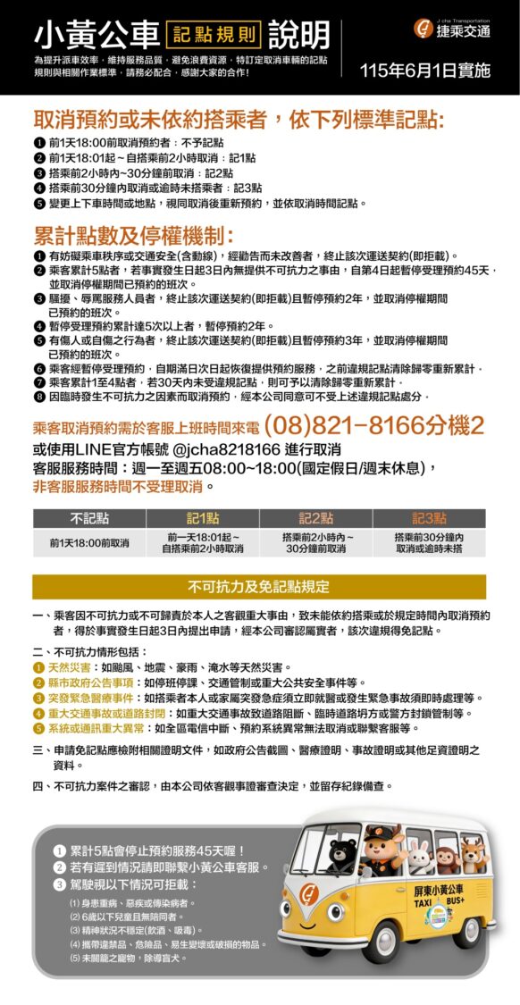 屏東小黃公車溫泉線優化調整　並導入預約記點制