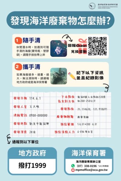 海保署呼籲請民眾發現海洋廢棄物立即通報海廢清除網（MDCN） 一起守海洋環境