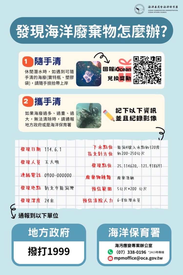 海保署呼籲請民眾發現海洋廢棄物立即通報海廢清除網（MDCN） 一起守海洋環境