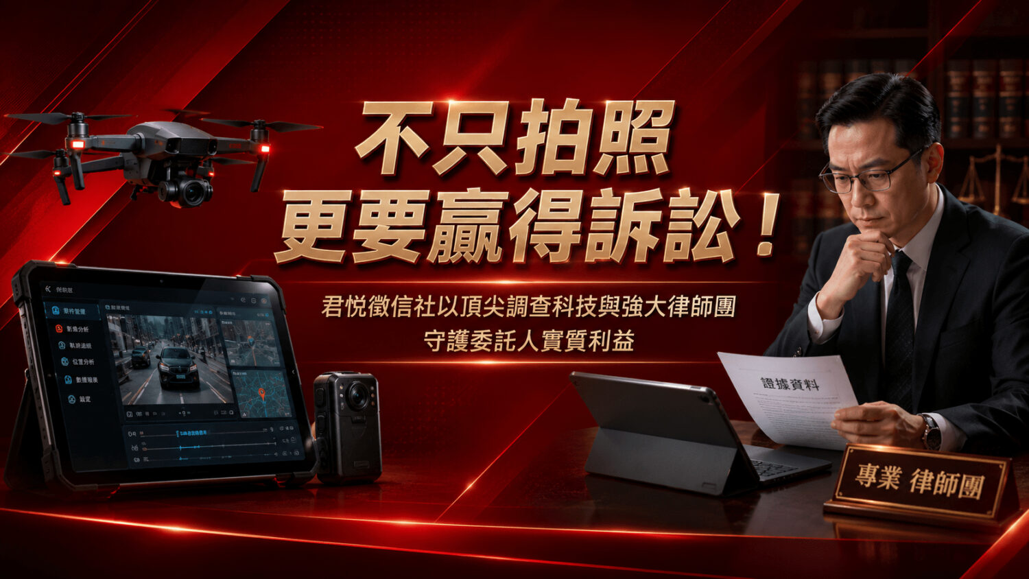 不只拍照，更要贏得訴訟！君悅徵信社以頂尖調查科技與強大律師團，守護委託人實質利益。