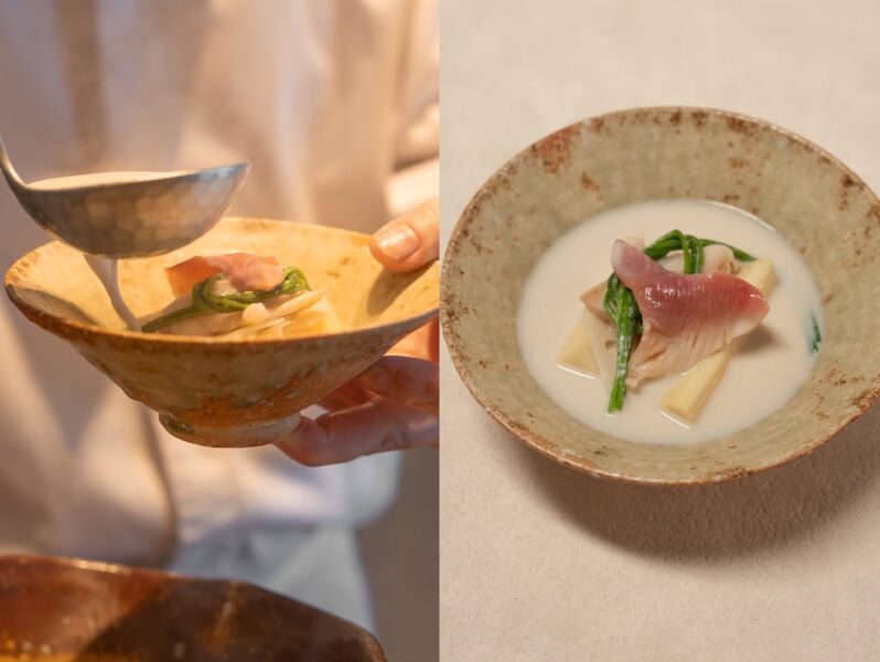 ▲Ukai Kaiseki懷石「豆乳鍋」以北海道十勝雪譽、佐賀福豐大豆與高雄9號三種黃豆製成豆乳湯底，呈現溫潤細緻的夏季旨味。（圖/THE AMNIS然一酒店提供）