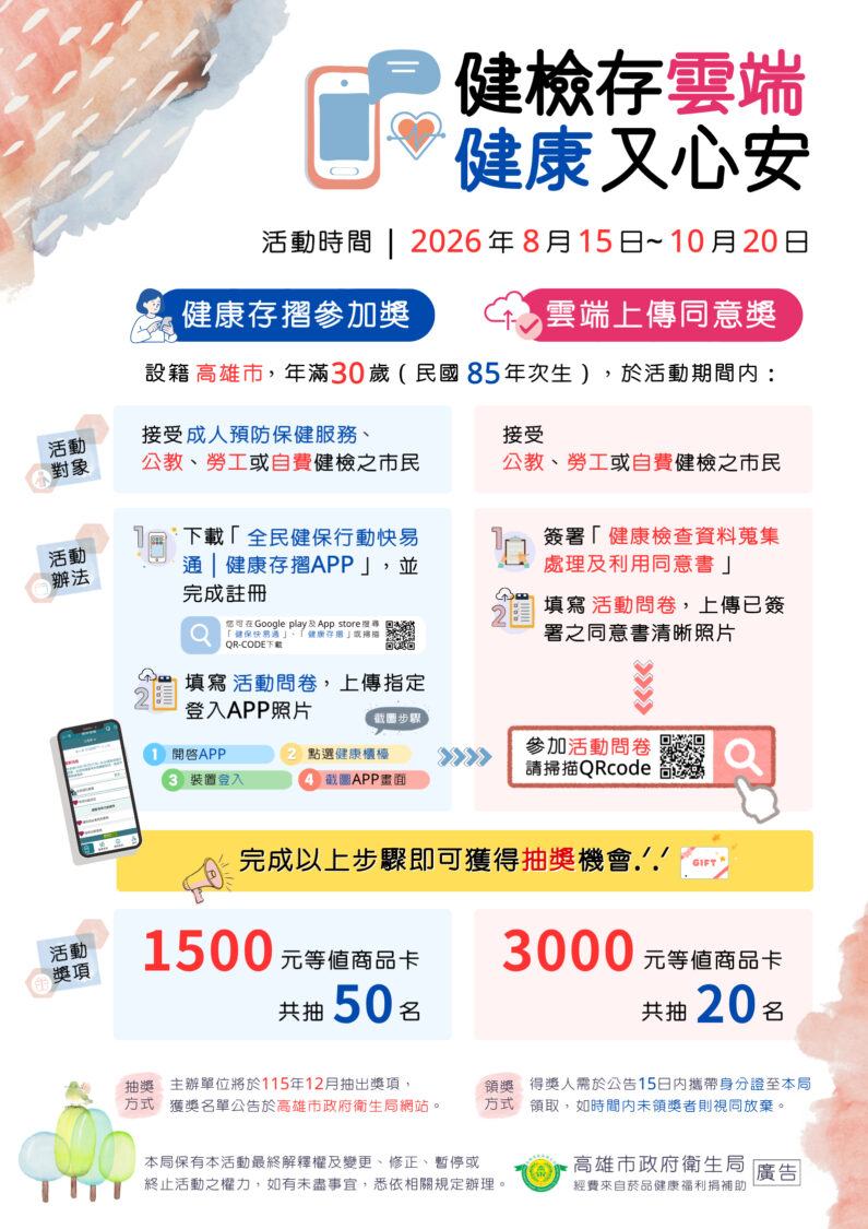 高市衛生局「健檢存雲端」 做完健檢下載健康存摺可以抽獎 高市衛生局「健檢存雲端」 做完健檢下載健康存摺可以抽獎