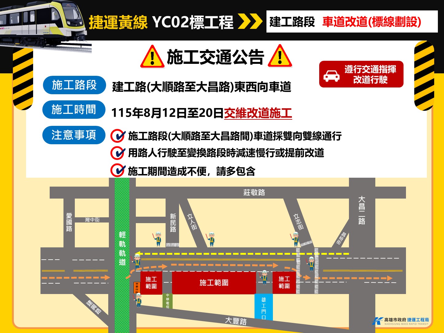高雄捷運黃線YC02標Y8車站施工　8月12日起建工路交維調整