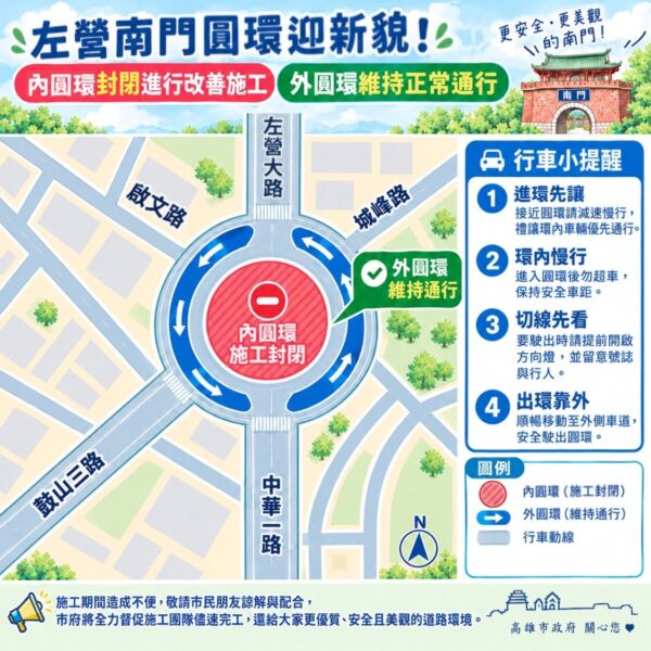 高雄市政府工務局為左營南門圓環換新貌！ 內圓環封閉施工，外圓環正常通行！