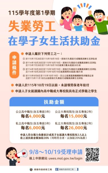 新制「失業勞工在學子女生活扶助金」開始受理申請 減輕就學生活負擔不再二擇一